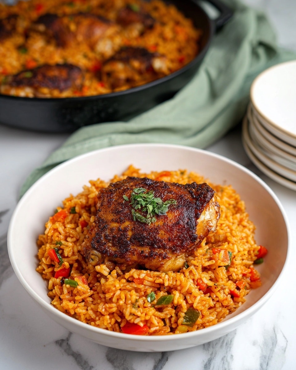A white bowl holds a serving of orange-red rice mixed with small pieces of red and green peppers and herbs, forming the bottom layer. On top sits a single piece of browned, crispy chicken with a dark, textured skin and a small green herb garnish on the center. In the background, a black pan filled with similar rice and chicken is visible, all placed on a white marbled surface beside a pale green cloth and stacked white bowls. photo taken with an iphone --ar 4:5 --v 7
