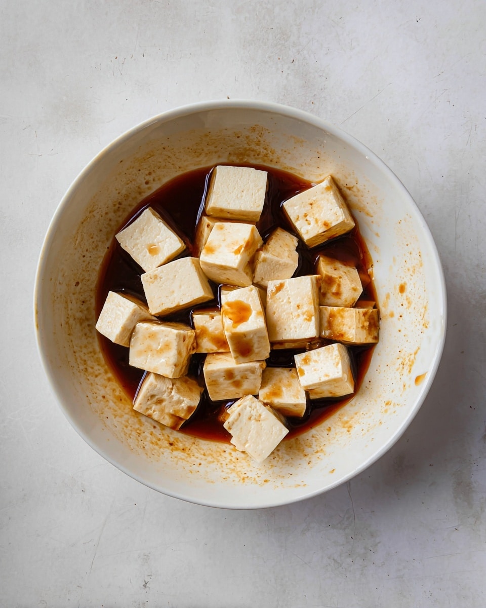 In a white bowl, there are small cubes of pale yellow tofu sitting in a dark brown sauce that lightly covers the bottom of the bowl. The cubes show a smooth texture with some parts dipped and streaked with the sauce. The inside and sides of the bowl have sauce marks, giving it a slightly messy look. The bowl is placed on a white marbled surface. photo taken with an iphone --ar 4:5 --v 7