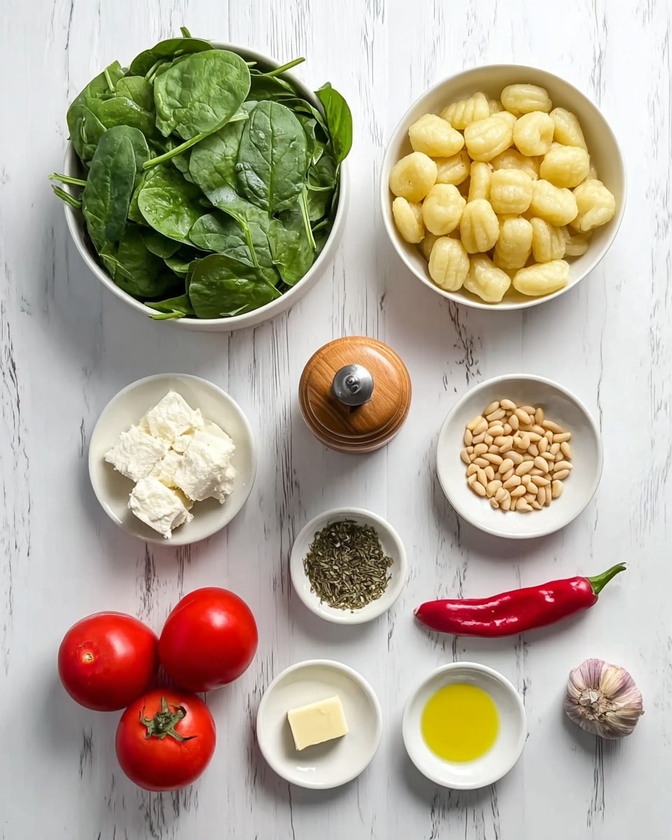 The image shows a flat lay of several white bowls and small plates arranged neatly on a white marbled surface. In the top left, a white bowl is full of fresh green spinach leaves, and to its right, a white bowl is filled with small, pale yellow potato pieces. Below that, from left to right, there is a white bowl with white cheese chunks, a wooden pepper grinder in the center, and a small white bowl with pine nuts. Below those, two red ripe tomatoes sit next to two cloves of garlic and a small red chili pepper. At the bottom, three small white plates hold a small piece of yellow butter, a pool of golden olive oil, and dried oregano leaves. Photo taken with an iphone --ar 4:5 --v 7