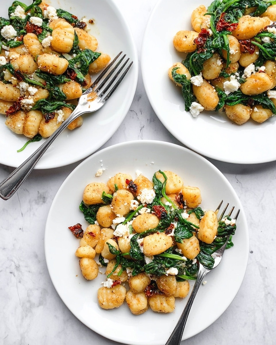 Three white plates with golden brown gnocchi that have a slight crispy texture, mixed with bright green wilted spinach leaves, small pieces of white soft cheese, and bits of red sun-dried tomatoes. The ingredients are scattered evenly over the plates, showing a mix of smooth gnocchi, leafy spinach, and crumbly cheese. On two of the plates, a silver fork is placed diagonally, one resting on the edge and the other partly dug into the food. The background is a white marbled surface, adding a clean and bright look. photo taken with an iphone --ar 4:5 --v 7
