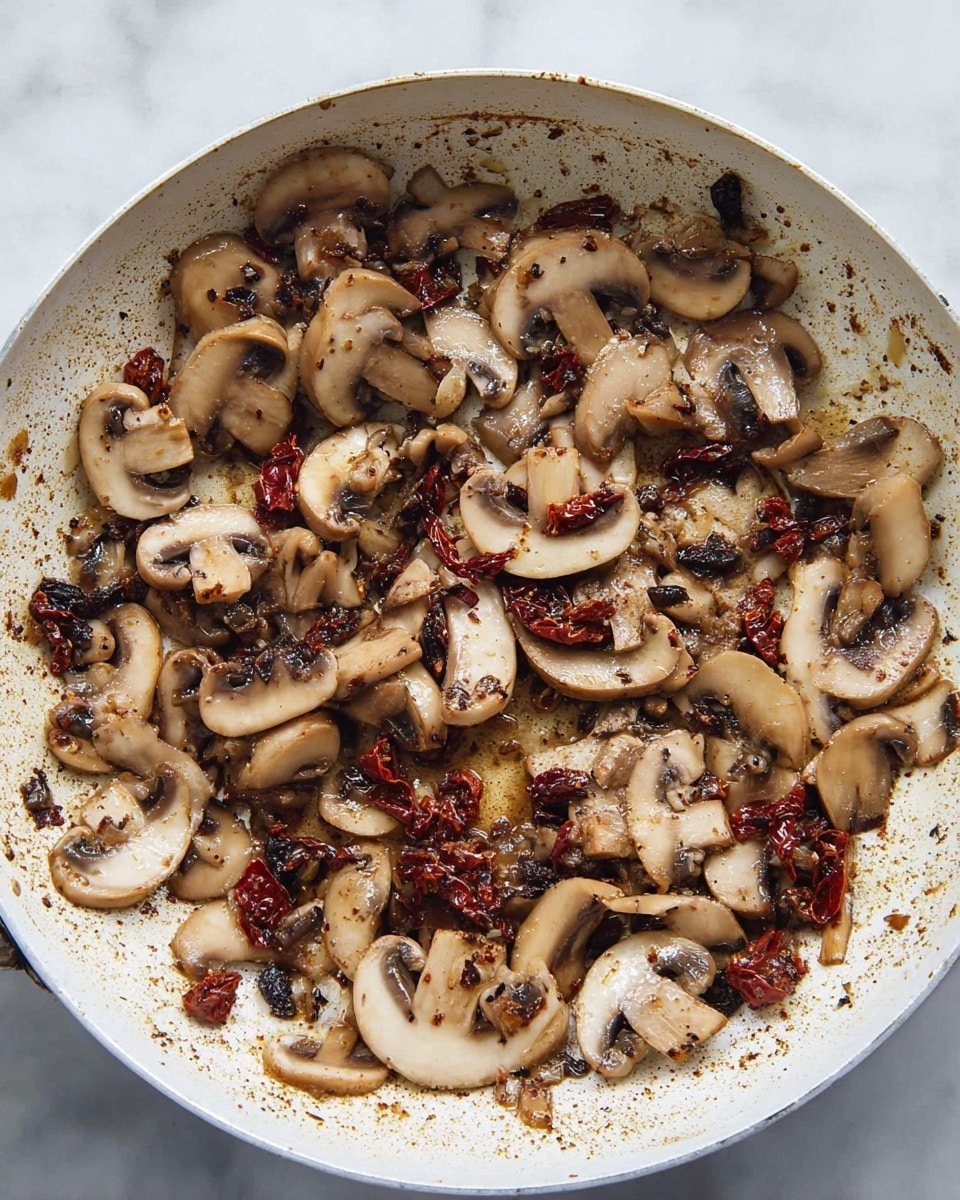 The image shows a white pan filled with cooked mushroom slices, sun-dried tomato pieces, and small black olives. The mushrooms are light brown with a soft texture, showing some browning from cooking. The sun-dried tomatoes add dark red spots scattered across, while the black olives create small dark dots among the ingredients. The pan's surface has a slightly oily and speckled look from cooking spices. The background is a white marbled texture. photo taken with an iphone --ar 4:5 --v 7