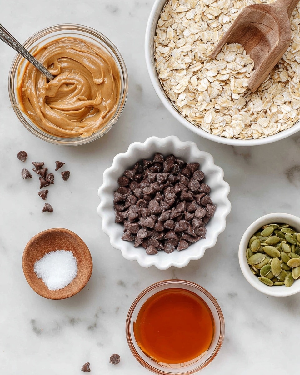 A top view of several white bowls and a glass bowl placed on a white marbled surface, each with an ingredient. The largest bowl on the top right is filled with light beige rolled oats and has a wooden scoop inside. Below it, a white scalloped bowl holds dark brown chocolate chips in a pile. To the left, a glass bowl contains smooth, light brown peanut butter with a metal spoon inside. Near the center right, a small round glass bowl holds shiny amber-colored honey. To its left is a small wooden dish with coarse white salt. On the top right corner, a small white bowl contains green pumpkin seeds. Scattered chocolate chips add detail on the surface. photo taken with an iphone --ar 4:5 --v 7