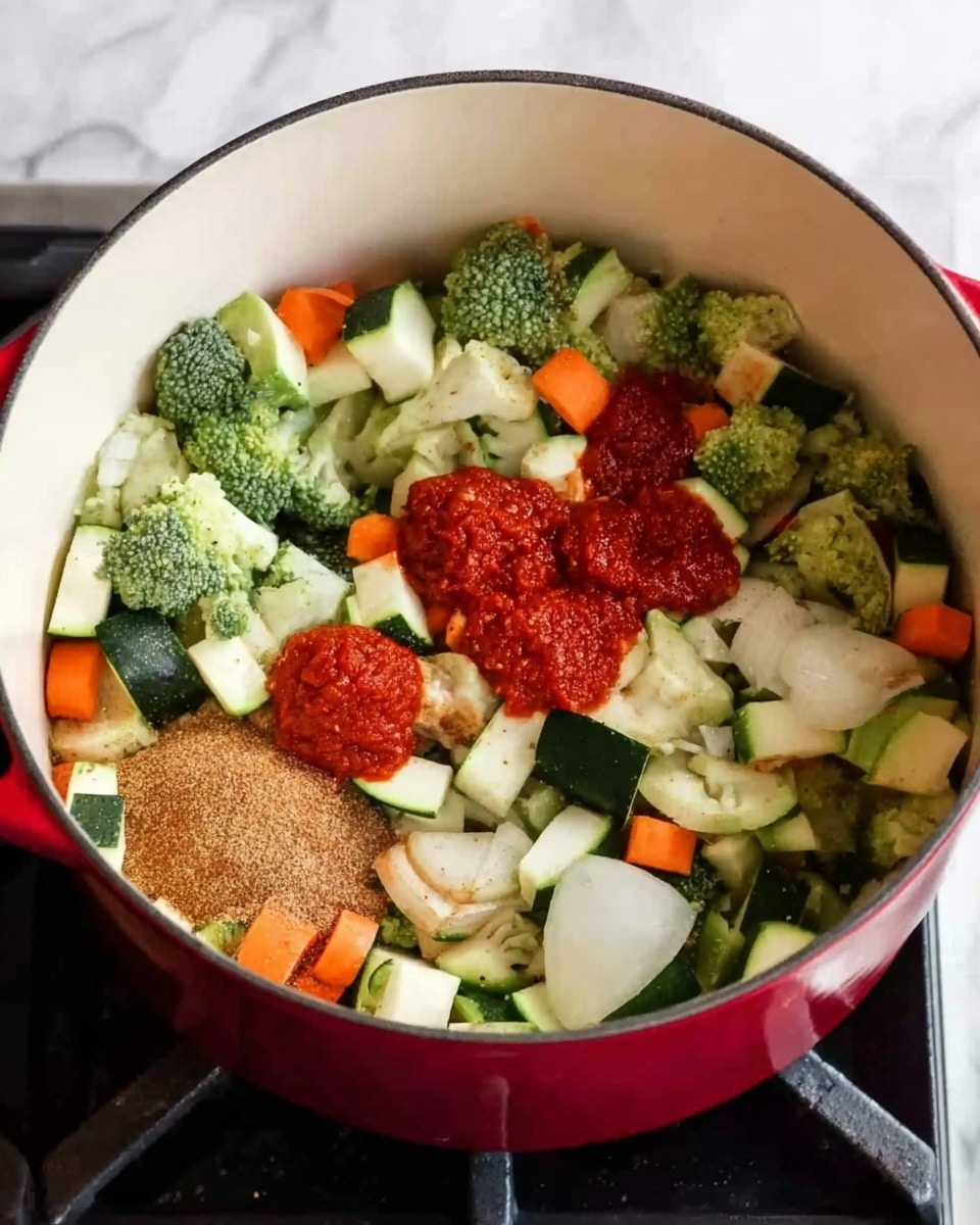A white pot with a red outer surface holds a colorful mix of raw vegetables and seasonings. The top layer shows bright red dollops of sauce, surrounded by green broccoli florets and dark green zucchini pieces with white centers. Among these, there are also round slices of orange carrot and small white onion bits. On one side, a light brown powdery spice is visible, adding texture contrast. The vegetables have a fresh, chunky look and are evenly spread out inside the pot. The scene is set on a stove with a white marbled background. photo taken with an iphone --ar 4:5 --v 7