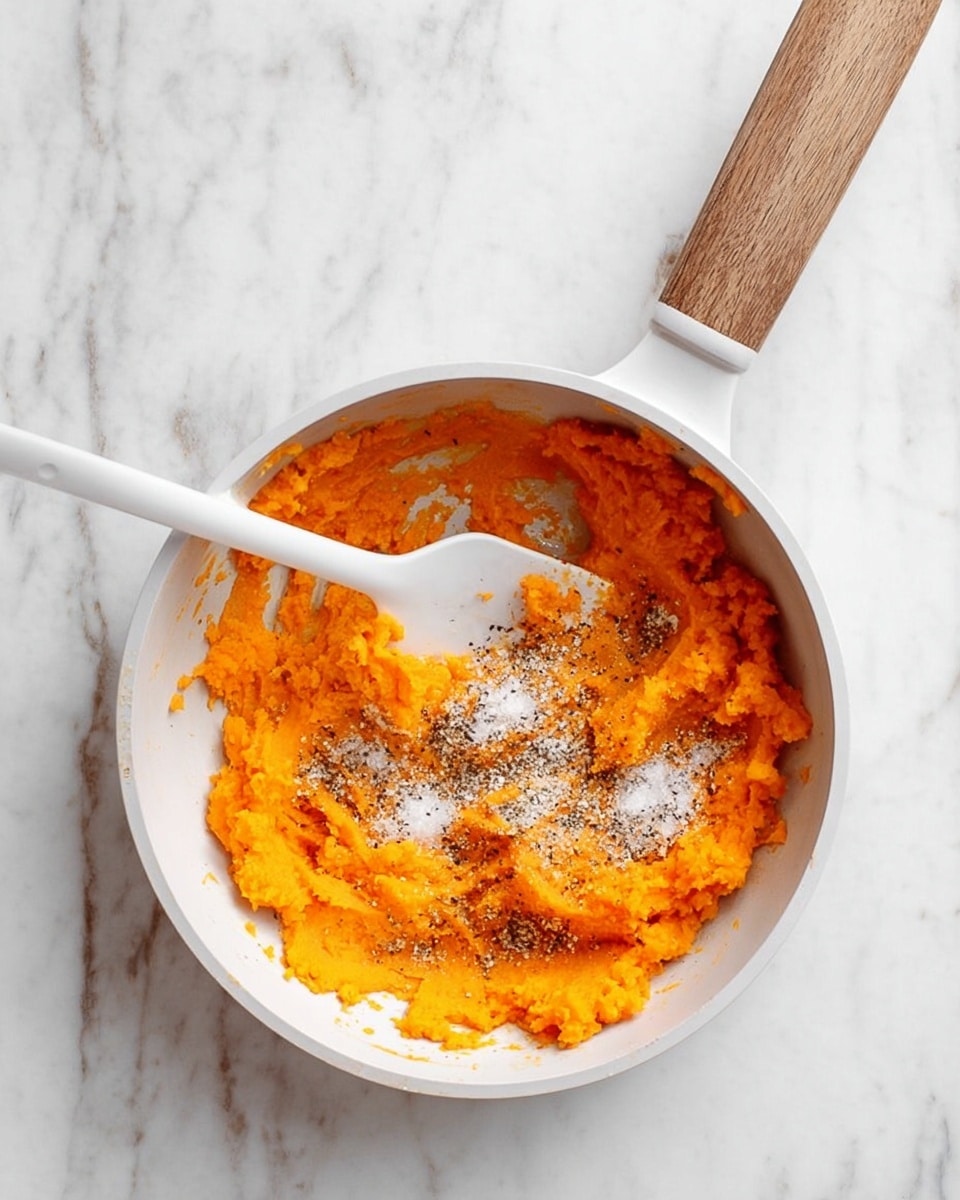 A white pan with a wooden handle holds bright orange mashed sweet potatoes as the main layer, with a sprinkle of white and dark seasonings on top. A white spatula rests inside the pan, partially covered by the mash and seasonings. The pan is placed on a white marbled surface that shows subtle grey veins. The overall look is clean and simple, focusing on the contrast between the orange mash, the white pan, and the marbled background. photo taken with an iphone --ar 4:5 --v 7