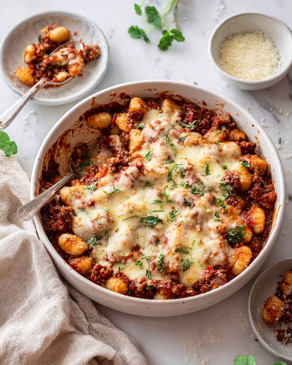In a white speckled round dish, there is a baked meal with two main layers: the bottom layer is a rich, chunky red tomato sauce with visible pieces of browned ingredients, likely vegetables or protein, with a thick, slightly crispy texture in some spots, while the top layer is a melted light yellow cheese, spread unevenly across the surface, with some parts bubbling and browned. Scattered small green leaves garnish the top for a fresh touch. The dish sits on a white marbled surface, next to a small white bowl filled with yellow grated cheese and a spoon resting in a white bowl in the background, with a light pink cloth loosely placed nearby. Photo taken with an iphone --ar 4:5 --v 7