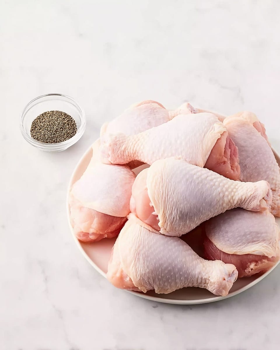 A white plate filled with seven raw chicken legs stacked softly on top of each other, showing layers of pinkish skin and pale flesh with a smooth texture. To the left of the plate, there is a small clear bowl containing black pepper on a white marbled surface. The image is bright and clean with soft shadows. Photo taken with an iphone --ar 4:5 --v 7