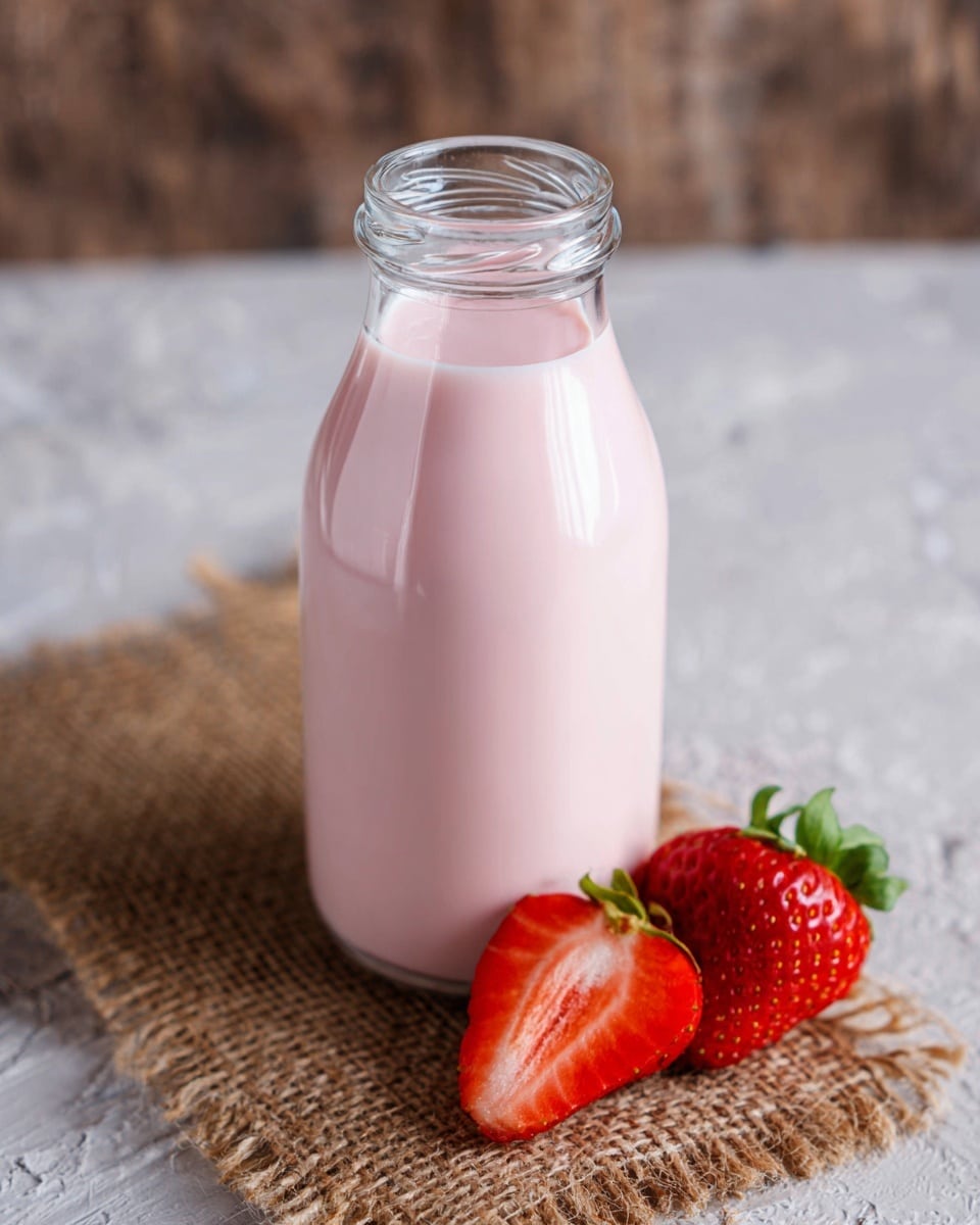 A clear glass bottle filled with smooth, light pink strawberry milk stands on a piece of rustic burlap fabric. Next to the bottle, there are two fresh strawberries, one whole and bright red with green leaves on top, and the other sliced in half showing its juicy red inside with small seeds. The setting is placed on a white marbled surface that looks clean and soft. The photo is taken close up with soft natural light highlighting the milk and strawberries, creating a fresh and inviting look photo taken with an iphone --ar 4:5 --v 7