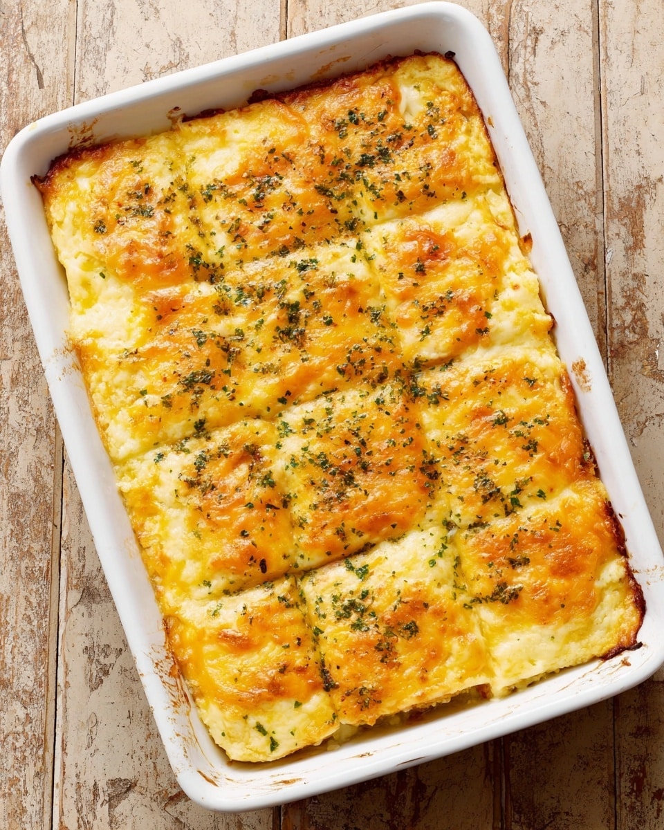 A white rectangular baking dish contains a nine-piece cheesy baked dish arranged in a 3x3 grid, each piece showing a melted light golden-yellow cheese layer on top, sprinkled with small green herb bits. The edges of the dish reveal a slightly crisp, darker golden-brown cheese layer, with creamy layers beneath. The dish sits on a wooden surface with a worn look. Photo taken with an iphone --ar 4:5 --v 7