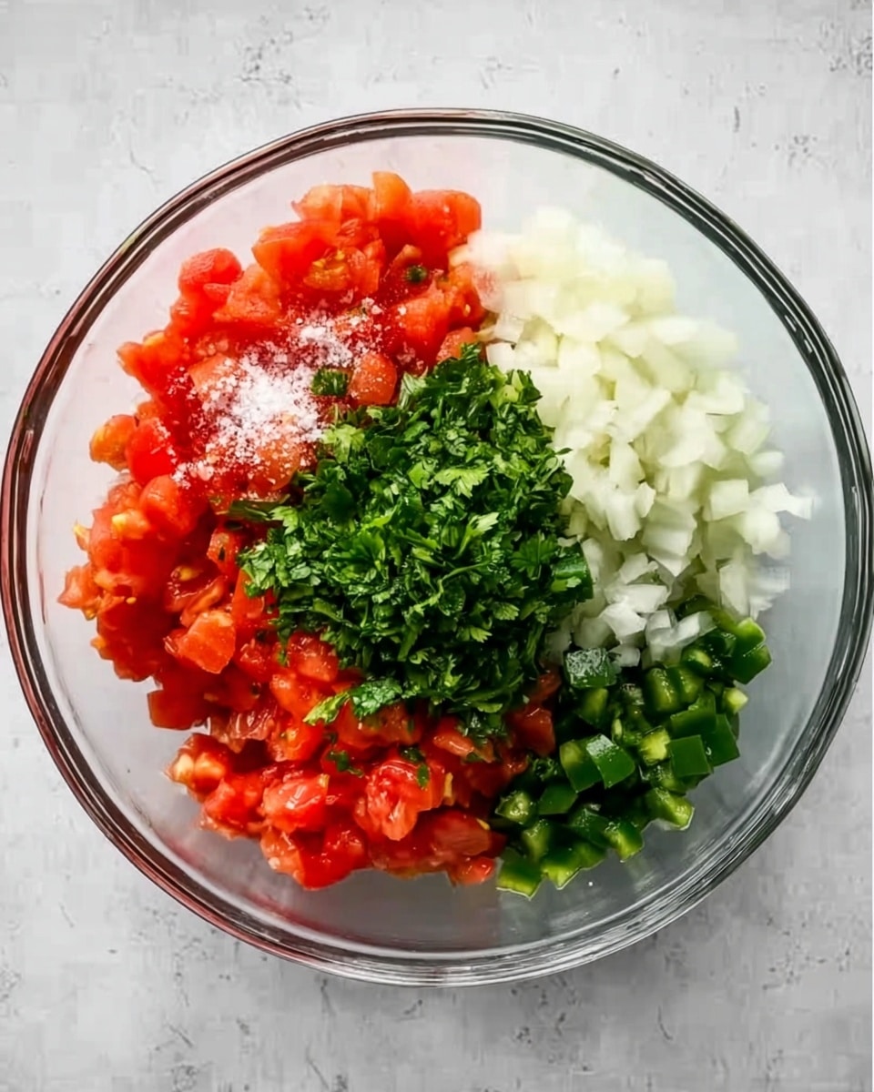 A clear glass bowl sits on a white marbled surface, filled with four distinct layers of fresh ingredients. The top left layer contains small pieces of bright red chopped tomatoes sprinkled with a bit of white salt. To the right of the tomatoes is a pile of finely diced white onions, looking soft and fresh. Below the tomatoes is a small portion of dark green chopped peppers, and next to the peppers, at the top center of the bowl, is a bunch of finely chopped bright green fresh cilantro. The layers are neatly separated but ready to be mixed. Photo taken with an iphone --ar 4:5 --v 7