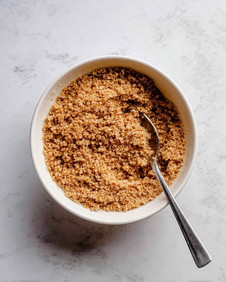 A white bowl filled with a single layer of fine, crumbly light brown mixture with a rough texture. A silver spoon rests inside the bowl on the right side, slightly digging into the crumbs. The bowl is placed on a white marbled surface with soft grey veins. Photo taken with an iphone --ar 4:5 --v 7