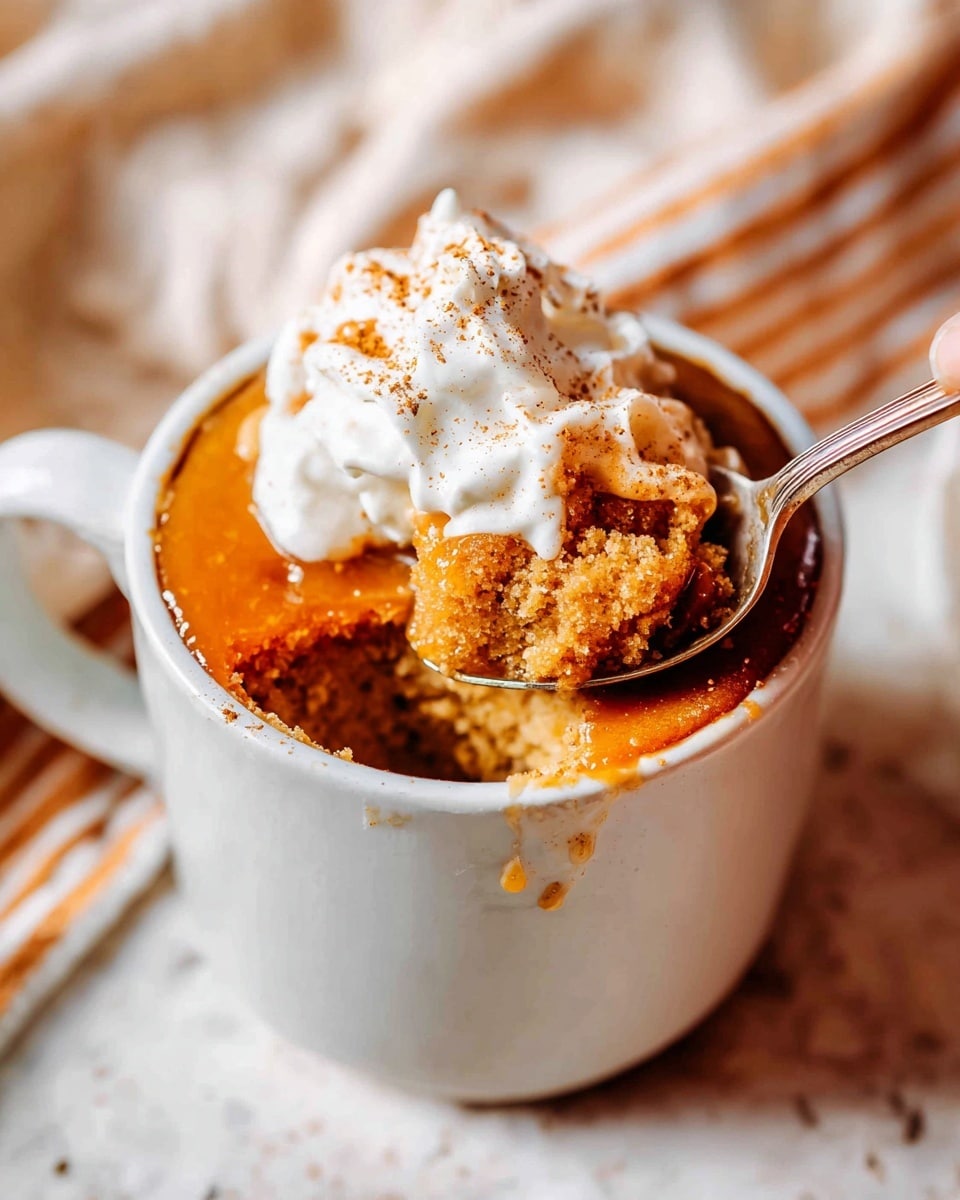 The image shows a white mug filled with a warm dessert. The bottom layer is a soft, golden-brown cake with a slightly crumbly texture. Above this is a thick, shiny orange sauce. On top, there is a generous dollop of white whipped cream lightly sprinkled with cinnamon or nutmeg. A spoon is scooping up some of the cake and cream, held by a woman's hand with a white handle. The background shows a white marbled texture and a soft, neutral cloth with orange stripes. Photo taken with an iphone --ar 4:5 --v 7