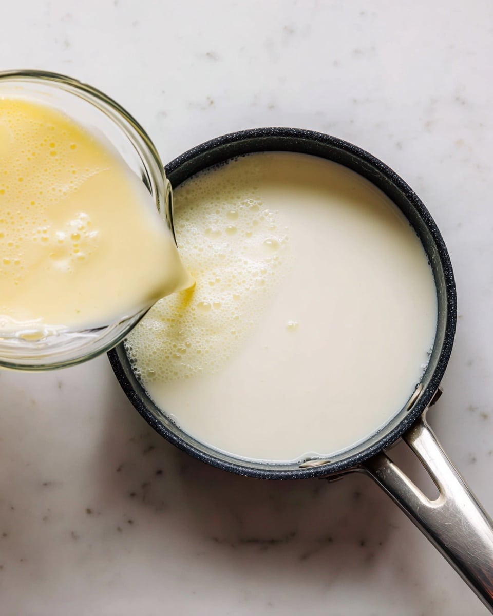 The image shows a top view of a small dark cooking pan on a white marbled surface. Inside the pan, there is a smooth white liquid layer, likely milk, with small bubbles on the surface. A glass bowl is positioned on the left side of the pan, tilted, pouring a light yellow, foamy liquid into the pan, creating a contrast between the two liquids. The metal handle of the pan is visible, lying flat on the white marbled texture underneath. photo taken with an iphone --ar 4:5 --v 7
