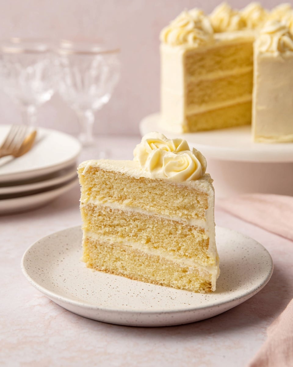 A slice of soft, light yellow layered cake with three layers of moist sponge separated by creamy frosting sits centered on a simple white speckled plate. The top edge of the slice is decorated with small, smooth swirls of pale yellow frosting. Behind it, the full cake, showing the even layers and similar creamy frosting swirls around the top edge, rests on a white marbled surface. The scene is softly lit, with blurred clear glasses and white plates in the background on a light pink tone. Photo taken with an iphone --ar 4:5 --v 7