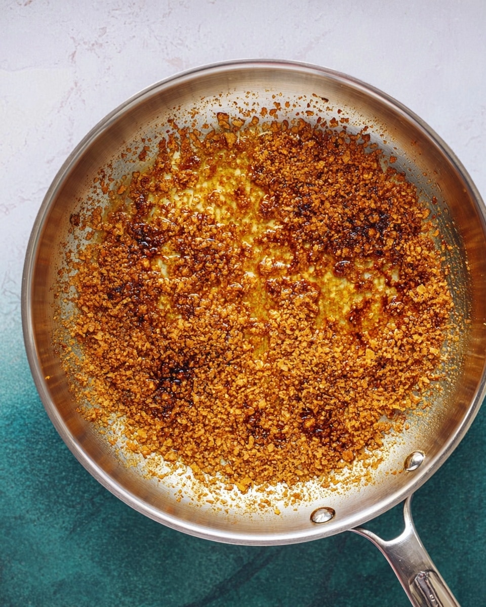 A close-up top view of a stainless steel pan with browned bits and oil residue covering the bottom. The contents show a textured mix of small, crispy brown and golden pieces spread unevenly across the pan's flat surface, with some areas glistening with oil. The pan handle extends outwards against a white marbled textured background. photo taken with an iphone --ar 4:5 --v 7