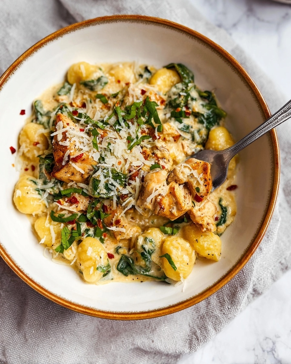 A white bowl with a brown rim holds a creamy dish with three main layers. The bottom layer is small, round gnocchi pieces colored light yellow with a soft, smooth texture. The middle layer has browned, golden pieces of cooked chicken scattered throughout, showing a slightly crispy surface. The top layer includes fresh green spinach leaves mixed in and sprinkled grated white cheese with some red chili flakes, adding a small touch of red color. A fork is placed in the bowl, lifting a bite that combines the chicken and gnocchi. The bowl sits on a light gray cloth over a white marbled surface. Photo taken with an iphone --ar 4:5 --v 7