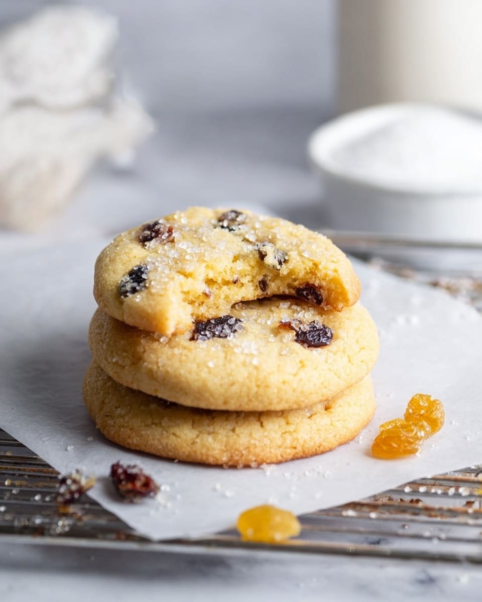 Two light golden cookies with a slightly cracked surface sit stacked on white parchment paper on a metal cooling rack. The top cookie has a bite taken out of it and shows soft, chewy texture inside. Both cookies have dark dried fruit pieces and what looks like sugar crystals sprinkled on top. A few dried fruit pieces are scattered around the cookies. The background shows a white marbled surface with a blurred white cup and a small bowl of sugar. photo taken with an iphone --ar 4:5 --v 7