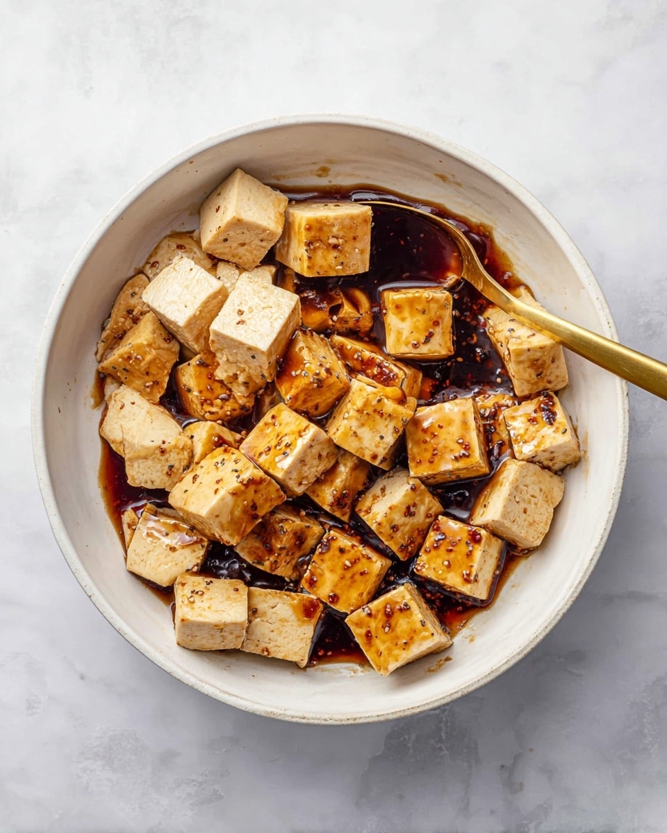 A white bowl filled with light brown tofu cubes soaked in a dark brown sauce, the tofu pieces are varied in size and have a slightly rough texture. The sauce forms a glossy layer around the tofu, pooling at the bottom. A golden spoon is partly submerged in the bowl, resting on the tofu. The bowl sits on a white marbled surface. photo taken with an iphone --ar 4:5 --v 7