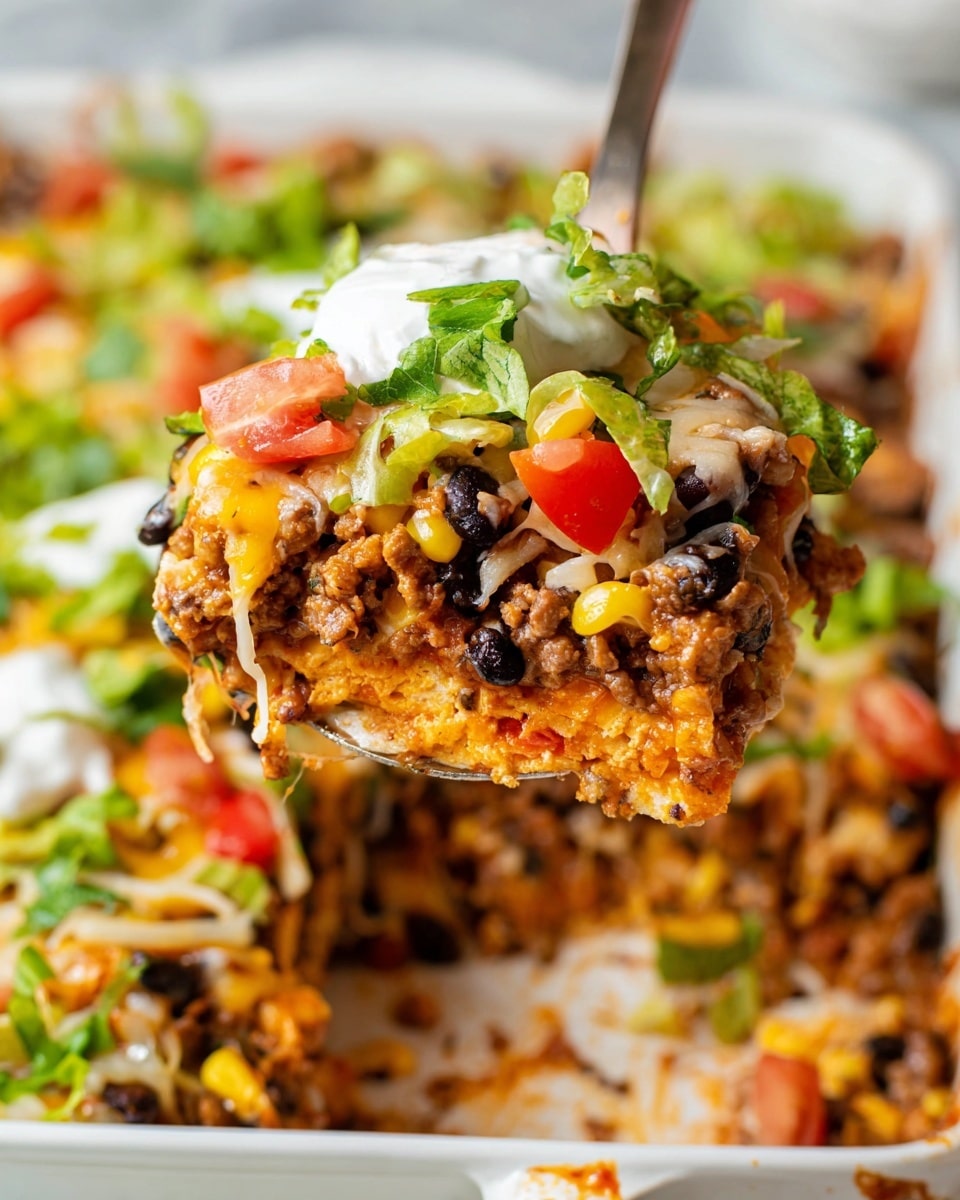 A close-up of a spoon lifting a layered casserole from a white baking dish set on a white marbled surface. The casserole has multiple layers including a bright orange layer at the bottom, followed by a mix of ground meat, black beans, and yellow corn, all topped with melted white cheese strands and shredded green lettuce. There are small pieces of red tomato scattered in the mix, adding more color. The background shows more of the casserole with scattered green lettuce and a dollop of white sour cream blurred out. photo taken with an iphone --ar 4:5 --v 7