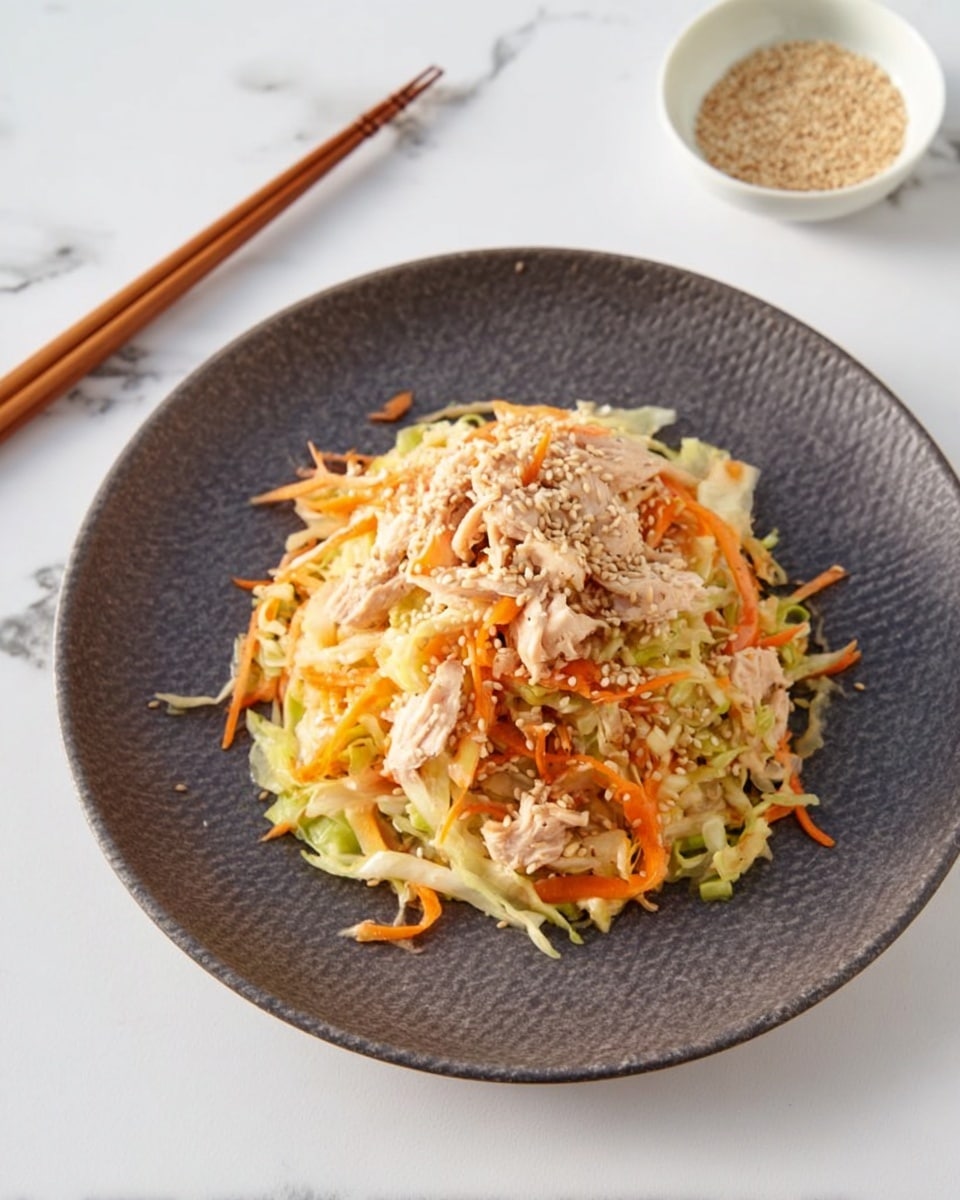 The dish is presented on a round, textured dark gray plate set on a white marbled surface. It has three main layers: the bottom layer is thin, pale green cabbage strips that create a soft base, the middle layer consists of bright orange julienned carrots adding a fresh and crunchy color contrast, and the top layer is topped with chunks of light tan shredded chicken scattered lightly. The entire dish is sprinkled generously with small, light brown sesame seeds that add texture and visual interest. To the side, a small white bowl holds extra sesame seeds, and a pair of wooden chopsticks rests diagonally on the white marbled surface. Photo taken with an iphone --ar 4:5 --v 7
