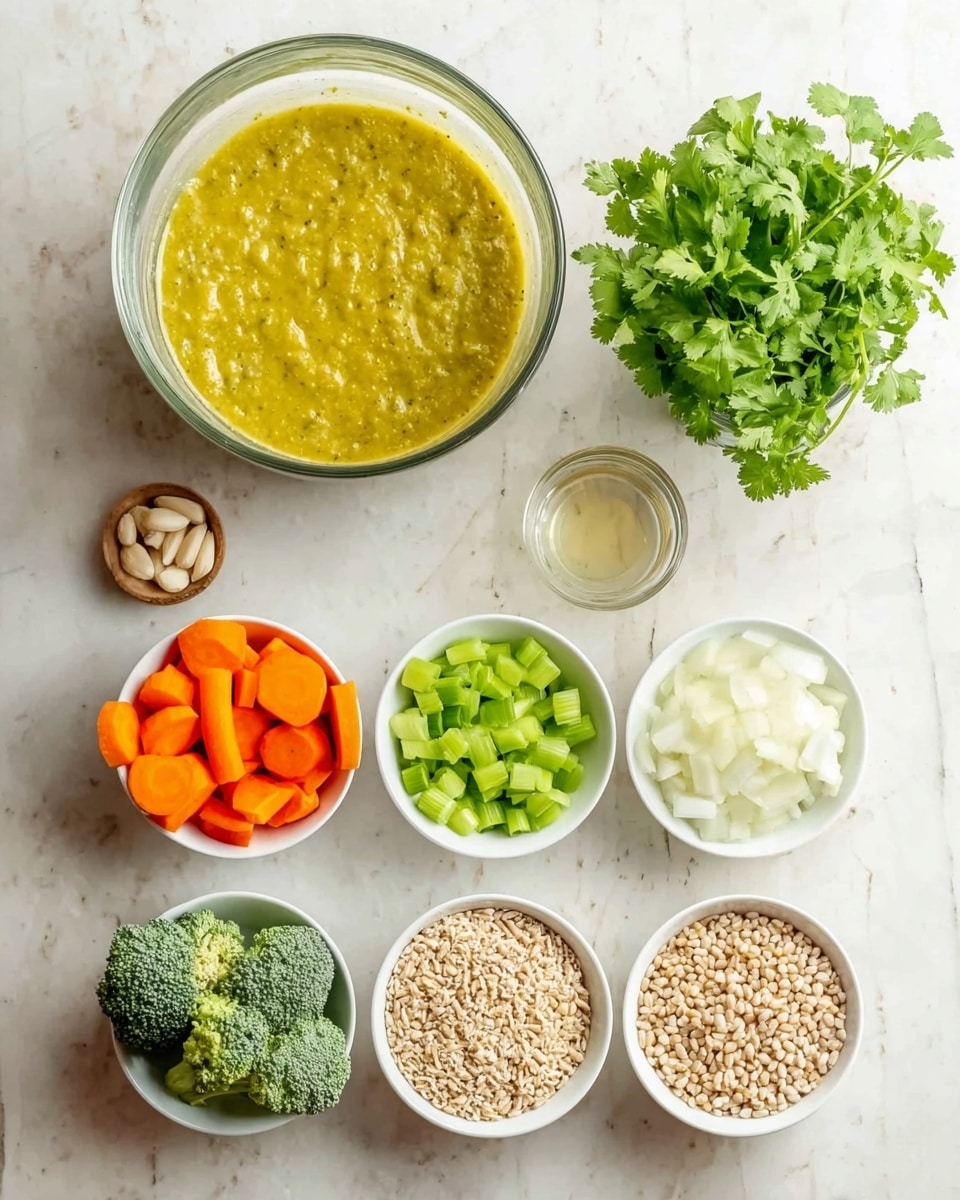 The image shows a large glass bowl filled with a thick yellow-green sauce or soup, placed in the top left corner on a white marbled surface. Next to it on the right is a bunch of fresh green cilantro in a small white bowl. Below the large bowl, there are six small white bowls arranged in two rows: the top row has bright orange carrot slices, finely chopped light yellow garlic, and fresh green broccoli florets; the bottom row contains chopped green celery, beige uncooked barley grains, and chopped white onions. A tiny glass container with a bit of liquid is placed near the cilantro. The whole setup is clean and bright, with a clear view of the different fresh and raw ingredients. photo taken with an iphone --ar 4:5 --v 7