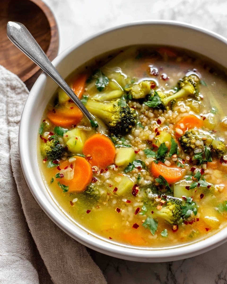 The image shows a white bowl filled with a colorful vegetable soup. The soup has multiple layers with a clear broth at the base, light yellow in color. On top of the broth, there are bright orange carrot slices, light green celery pieces, and dark green broccoli florets. Small grains, possibly barley, are scattered throughout the soup, adding texture. Some red chili flakes and fresh green herbs are sprinkled on top for garnish. A silver spoon rests inside the bowl. The bowl is placed on a cloth with a white marbled texture surface visible beneath it. Photo taken with an iphone --ar 4:5 --v 7