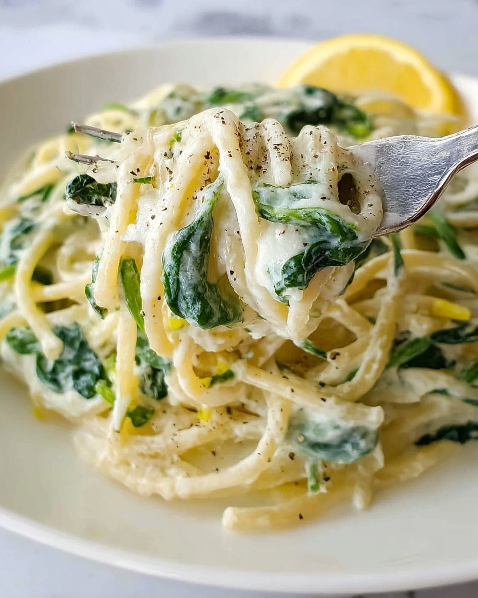 A close-up of spaghetti pasta twisted on a fork, covered in creamy white sauce mixed with small pieces of green spinach leaves, some black pepper sprinkled on top, all placed on a white plate with a bit of lemon wedge visible on the side, set against a white marbled surface. photo taken with an iphone --ar 4:5 --v 7