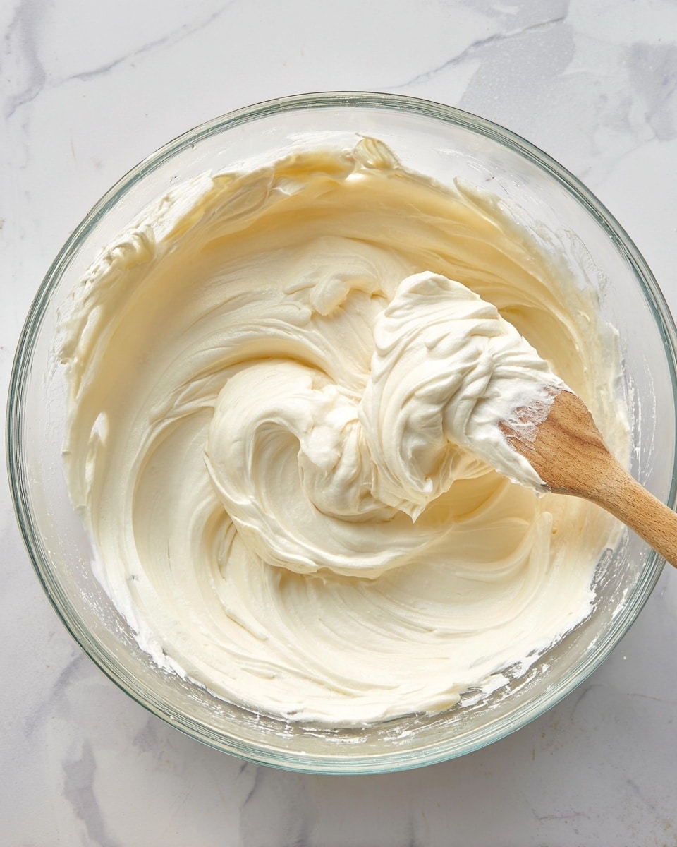 A clear glass bowl filled with smooth, creamy off-white whipped mixture with soft peaks and gentle swirls, resting on a white marbled surface. A wooden spatula is partially dipped into the mixture, showing its thick and fluffy texture as it clings to the spatula. The bowl's rim has a slight residue of the mixture, emphasizing the creamy consistency. Photo taken with an iphone --ar 4:5 --v 7