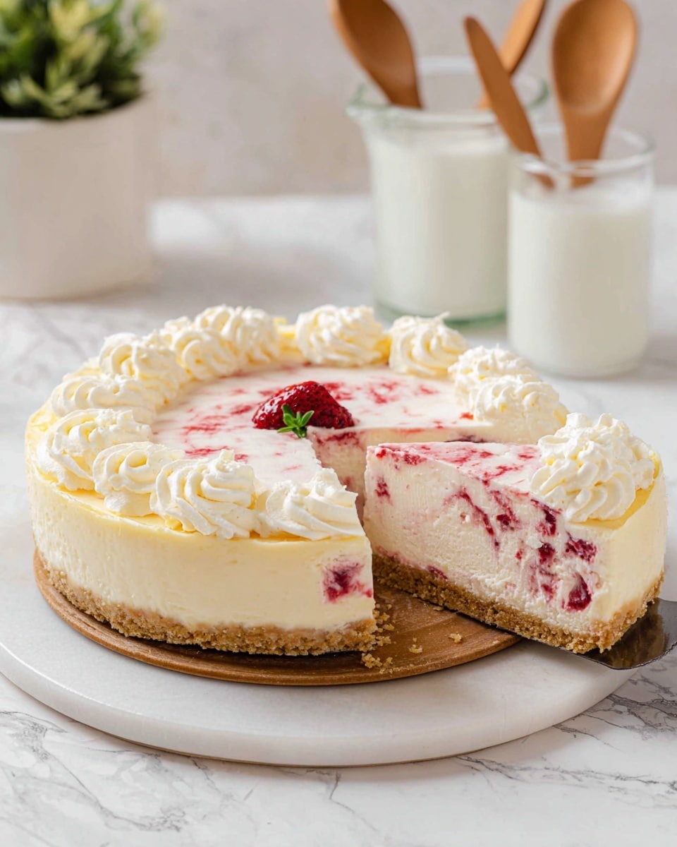 The image shows a round cheesecake with three clear layers: a light brown crumbly crust at the bottom, a thick pale cream layer in the middle, and a white creamy layer on top with red swirls mixed throughout. The top surface is decorated with a swirl of whipped cream, a single red berry, and a small green herb on the whipped cream. A slice has been removed, revealing the smooth texture inside. The cheesecake sits on brown parchment paper placed on a round base, all set on a white marbled texture. In the background, there is a white pitcher holding wooden spoons, a clear glass cup filled with milk, and a small white pot with a green plant. photo taken with an iphone --ar 4:5 --v 7