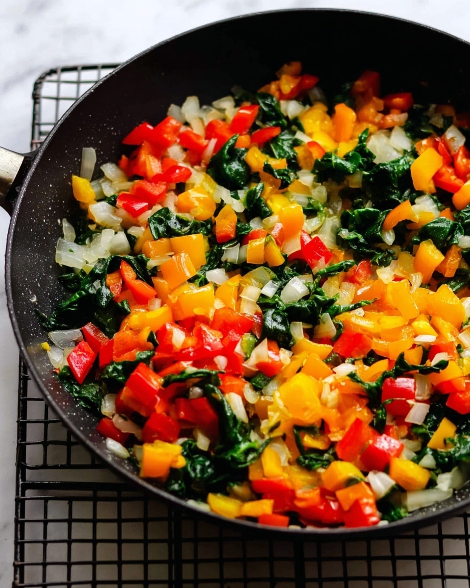 A black pan filled with a colorful mix of chopped vegetables, including diced red and yellow bell peppers, small white onion pieces, and wilted dark green spinach leaves. The vegetables are evenly spread inside the pan, showing a fresh, sautéing texture. The pan sits on a grid cooling rack, all placed on a white marbled surface. Photo taken with an iphone --ar 4:5 --v 7