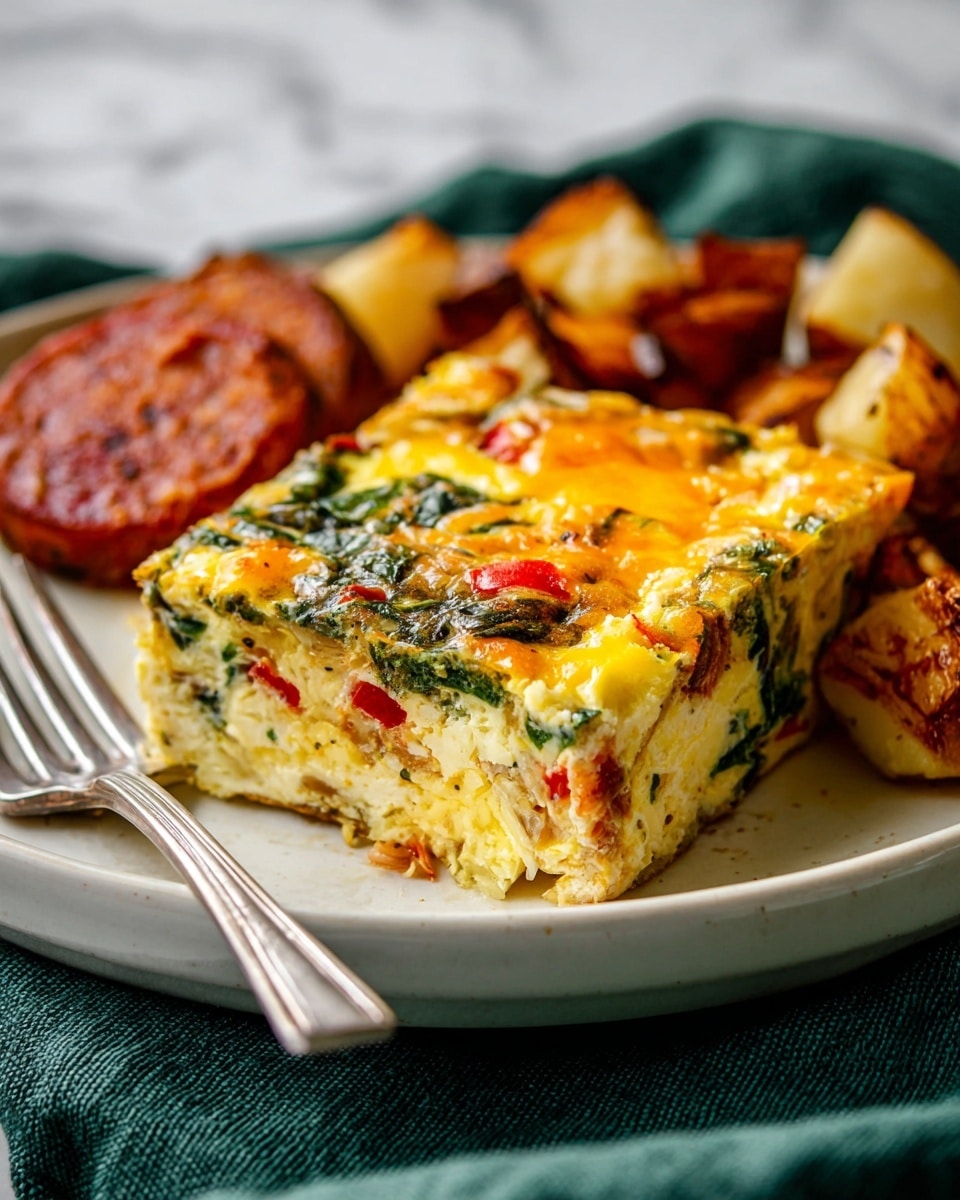 The image shows a white plate with a thick slice of a baked egg dish in the front center. The dish has three visible layers: a base layer of light yellow eggs with small pieces of red and green vegetables mixed in, a middle layer showing bits of spinach and more vegetables, and a top layer of melted, golden-orange cheese with some browned spots and spinach leaves. Behind this main piece, there are rustic roasted potato pieces that are golden brown and a crispy round piece of reddish-brown sausage. The plate rests on a dark green cloth, and the background is a white marbled texture. A shiny silver fork is placed to the left side, close to the baked egg slice, with a woman's hand partially touching the plate. Photo taken with an iphone --ar 4:5 --v 7
