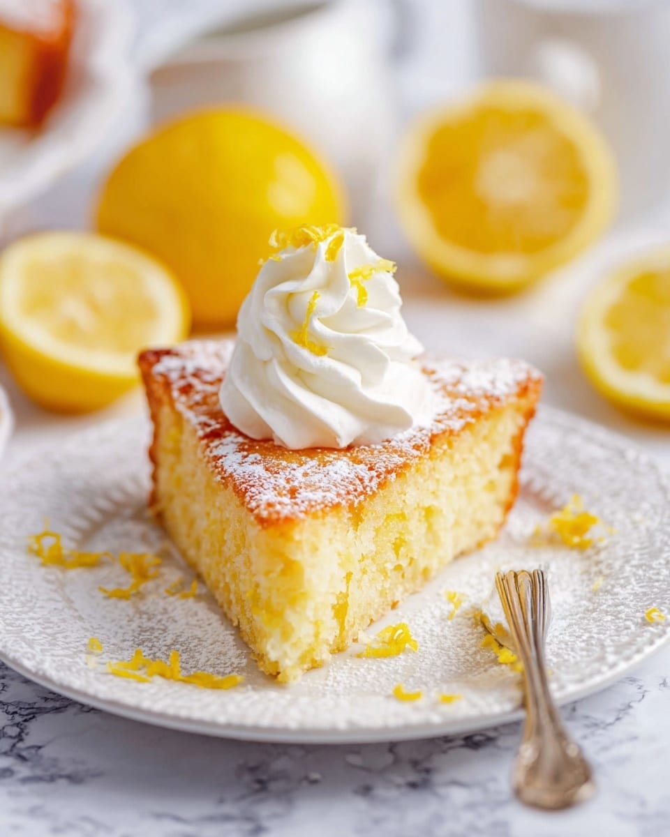 A slice of lemon cake with a golden brown top and a soft, light yellow inside sits on a white plate with a delicate pattern. The cake is dusted with powdered sugar, and a swirl of white whipped cream topped with small shreds of lemon zest rests on the top center. Around the plate, there are halves of fresh bright yellow lemons, adding a fresh pop of color. A vintage silver fork lies next to the cake on the plate. The background is a white marbled surface with soft lighting. Photo taken with an iphone --ar 4:5 --v 7