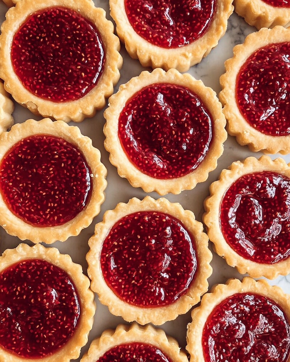 Several small tarts arranged closely together, each with one smooth beige crust layer forming a round, fluted edge, filled with a thick, shiny, deep red layer of raspberry jam that has small seeds visible inside. The tarts are placed on a white marbled surface. photo taken with an iphone --ar 4:5 --v 7