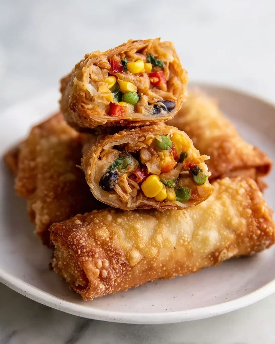 The image shows a white plate with two crispy golden-brown egg rolls stacked on top of one whole egg roll, placed on a white marbled surface. The top egg roll is cut in half, revealing three colorful layers inside: the outer layer is golden and crunchy; the middle layer contains a mix of bright yellow corn, black beans, red bell peppers, and some green herbs; the inner layer is a mix of light brown shredded filling, likely seasoned vegetables or beans. The texture of the egg rolls looks crispy with small bubbles on the surface. The overall look is warm, fresh, and inviting, photo taken with an iphone --ar 4:5 --v 7