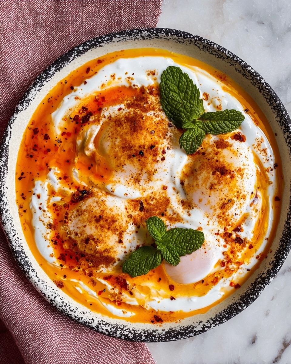 The dish is served in a white bowl with black marbling on the edges, placed on a white marbled surface next to a pink cloth. It has three soft poached eggs positioned in the center, each egg covered with white creamy yogurt that creates a smooth, swirling texture across the bowl. Surrounding and drizzled over the eggs is a vibrant orange-red sauce with small black and red spice specks, giving a slightly oily appearance. Two fresh green mint leaves sit on top, adding a pop of color. The overall presentation is rustic and inviting, with the bright sauces contrasting against the white yogurt and eggs. Photo taken with an iphone --ar 4:5 --v 7