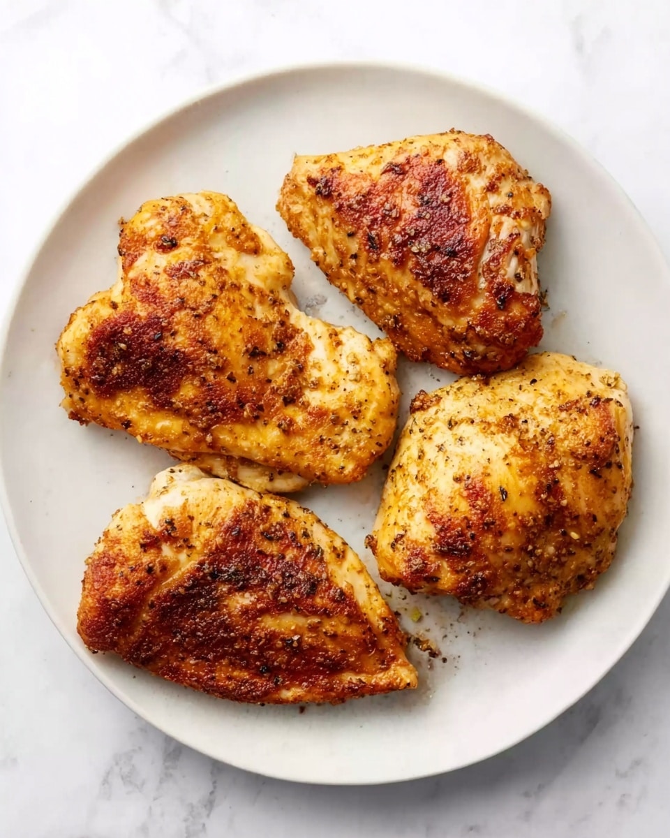 A white round plate holds four large pieces of golden-brown cooked chicken with a crispy, slightly uneven texture and a few darker browned spots. The chicken pieces are arranged in a loose circular pattern, each piece having a different shape but similar size, with visible seasoning specks on the surface. The plate sits on a white marbled surface. photo taken with an iphone --ar 4:5 --v 7