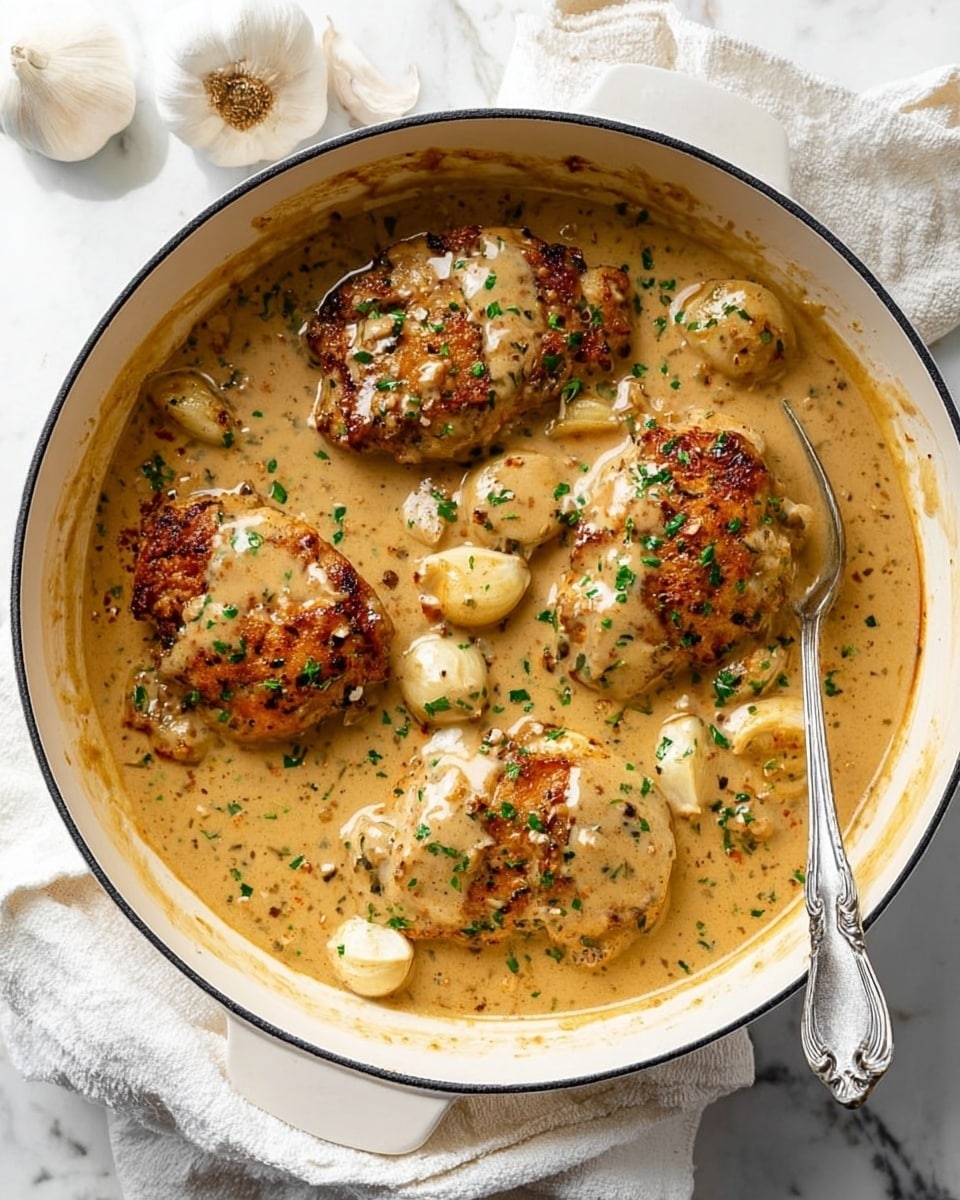 The image shows a round white pot filled with four browned pieces of chicken, each covered in a creamy light brown sauce with specks of herbs. The chicken pieces are arranged inside the pot, partly submerged in the thick sauce, with some whole peeled garlic cloves visible around them. A silver spoon is resting inside the pot, partly covered in the sauce. The pot is placed on a white marbled surface, with a white cloth partially underneath. Some whole garlic bulbs are also placed nearby. The overall look is warm and comforting with a smooth sauce texture and some fresh green herb bits sprinkled on top photo taken with an iphone --ar 4:5 --v 7