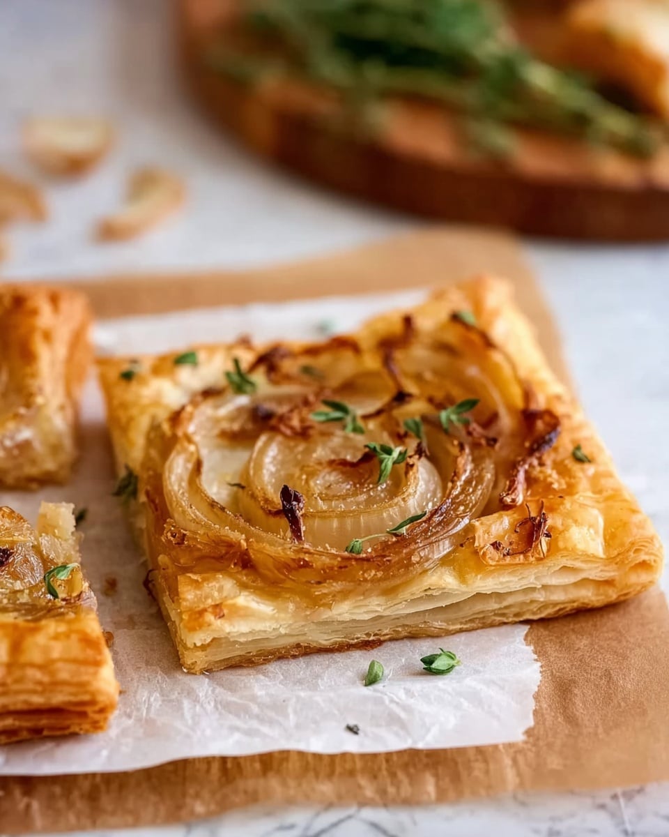 The image shows a golden-brown puff pastry square with visible layers of flaky crust. On top, there are thin, soft slices of light brown caramelized onions arranged in a swirling pattern, sprinkled with small green herb leaves. The pastry sits on a white parchment paper, which lies on a white marbled surface. In the background, there is a blurred wooden cutting board with fresh green herbs on it. The scene feels warm and rustic, with soft, natural lighting. Photo taken with an iphone --ar 4:5 --v 7