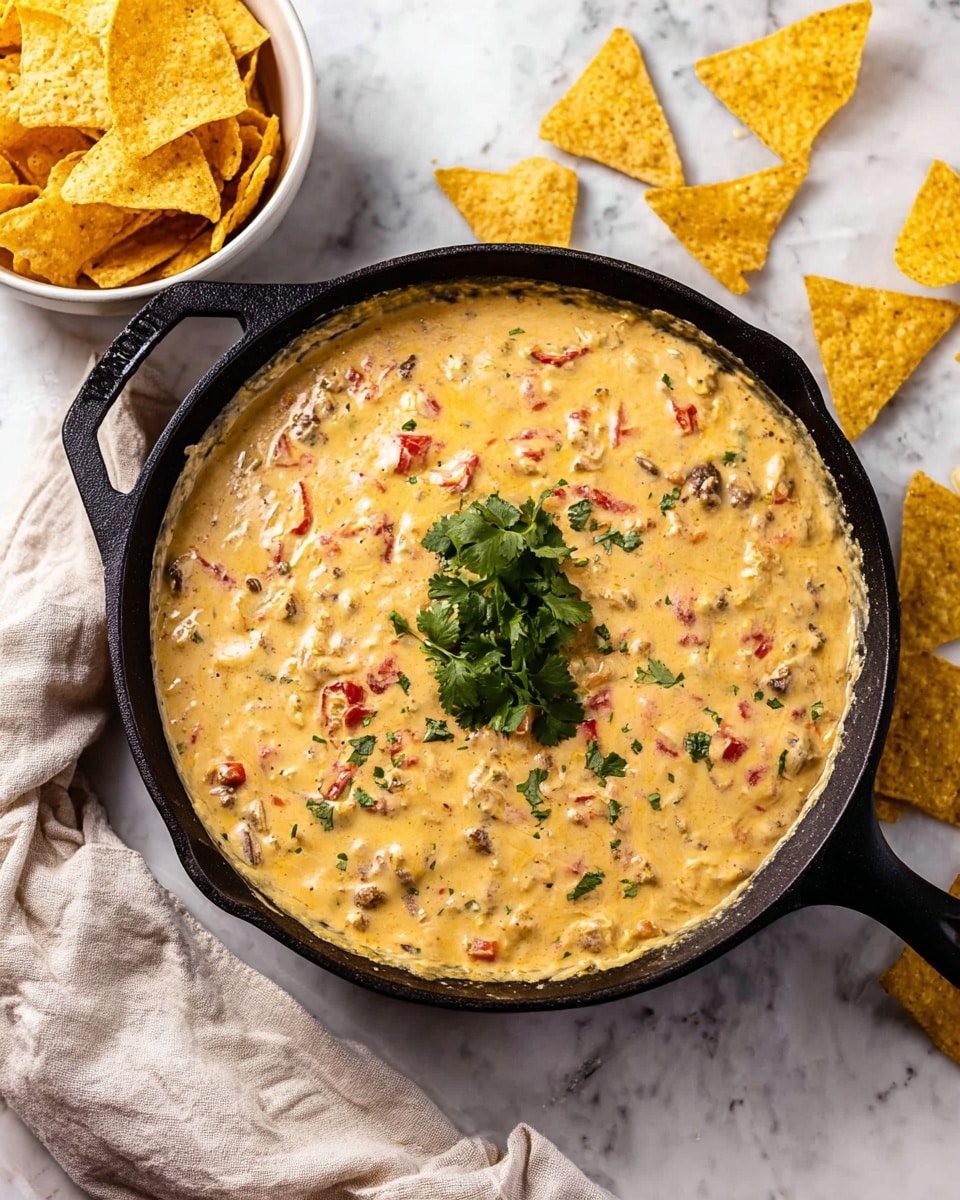 A black skillet filled with a thick, creamy cheese dip that is golden-yellow with visible bits of red peppers, green herbs, and small brown chunks mixed throughout. The dip is topped with a small bunch of green cilantro leaves in the center. Around the skillet, there are triangular yellow tortilla chips scattered on a white marbled surface, with some chips inside a white bowl to the top left. A light beige cloth is casually folded near the bottom left corner. photo taken with an iphone --ar 4:5 --v 7