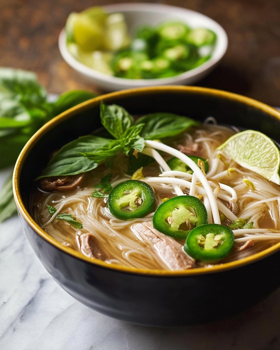 A bowl of pho with clear light brown broth fills a black bowl with a yellow inner rim, showing layers of thin white noodles at the bottom, partially covered by slices of light brown cooked meat, white bean sprouts, and bright green slices of jalapeño peppers scattered on top. There is a wedge of fresh lime resting on the side along with bright green basil leaves sitting on the surface. In the background, out of focus, there is a white bowl holding lime wedges and sliced jalapeños on a white marbled texture surface. photo taken with an iphone --ar 4:5 --v 7