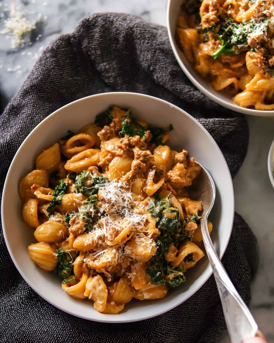 The image shows two white bowls filled with cooked pasta, featuring small, curved shapes coated in a creamy orange sauce mixed with pieces of green leafy vegetables and bits of browned meat. Each bowl is topped with a sprinkle of finely grated white cheese. A silver spoon is scooping some pasta from the bowl in the front, resting on a textured dark grey cloth, all set on a white marbled surface. Photo taken with an iphone --ar 4:5 --v 7