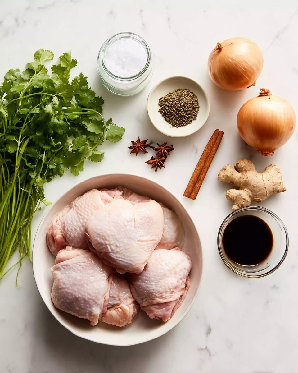 A white bowl filled with four raw chicken thighs showing light pink skin sits on a white marbled surface alongside two round yellow onions with brown papery skins, a whole piece of light brown ginger root, and a brown cinnamon stick. To the left is a bunch of fresh, leafy green cilantro with stems, while above the chicken is a small glass jar with white granulated salt, a white bowl containing star anise and other brown spices, and a small glass jar with dark soy sauce in it. photo taken with an iphone --ar 4:5 --v 7