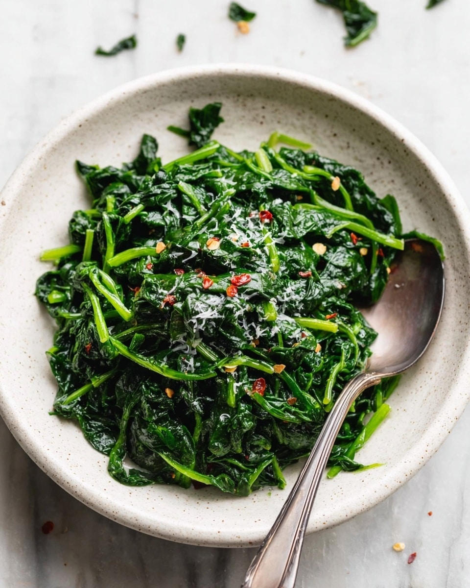 A white speckled shallow bowl holds a single layer of cooked dark green spinach leaves with stems, showing a soft, wilted texture. The spinach is scattered with small pieces of red chili flakes and finely shredded white cheese, adding tiny dashes of red and white colors on top. A silver spoon rests on the right side inside the bowl, touching the spinach. The bowl is placed on a white marbled surface with some small spinach bits around. Photo taken with an iphone --ar 4:5 --v 7