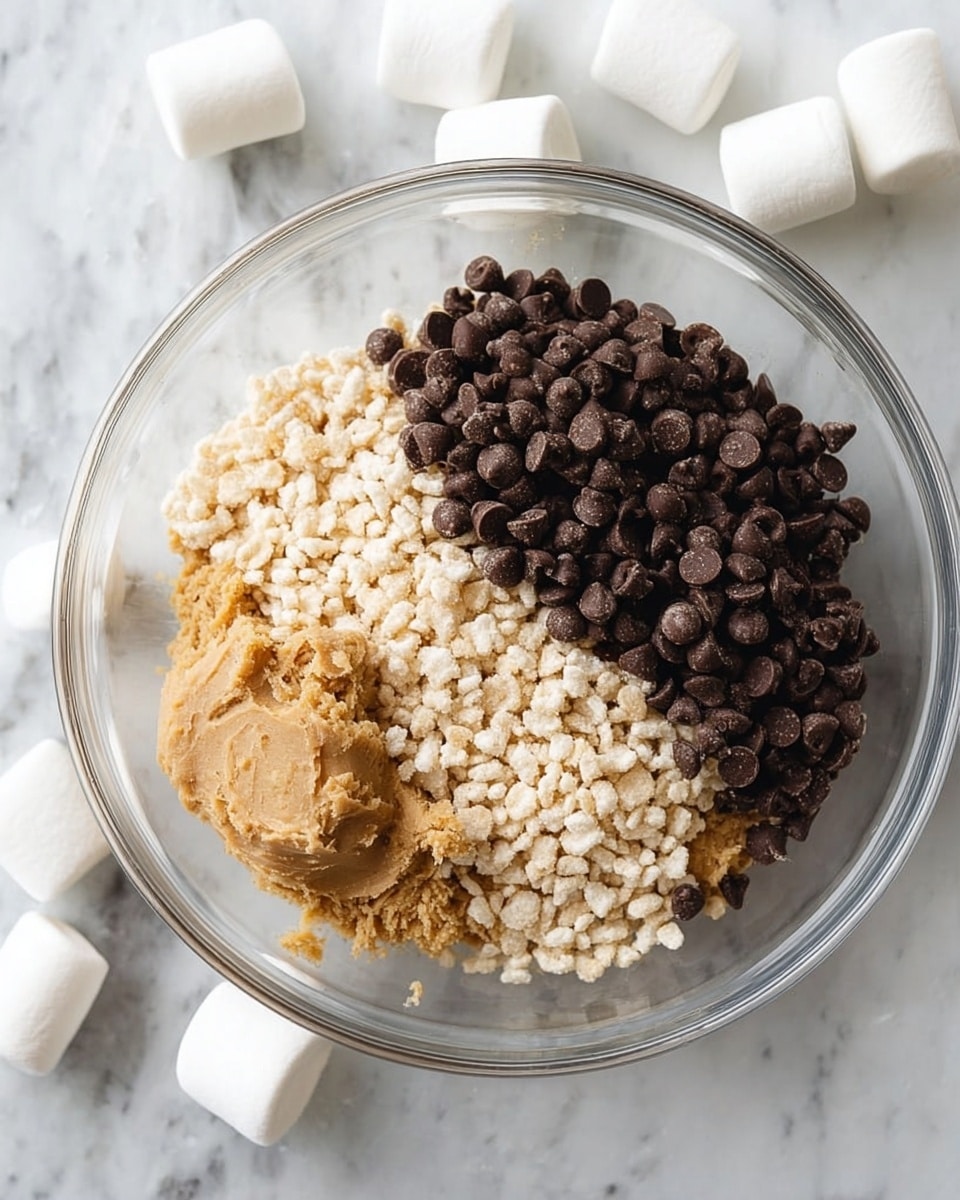 A clear glass bowl sits on a white marbled surface, filled with three distinct layers side by side: a dough mixture with a smooth tan texture taking up more than half of the bowl, a cluster of light beige puffed rice cereal with a rough, airy texture on one side, and a pile of dark brown chocolate chips with a shiny, round, and flat appearance on the other side. Around the bowl, several large white marshmallows are scattered on the white marbled surface. photo taken with an iphone --ar 4:5 --v 7