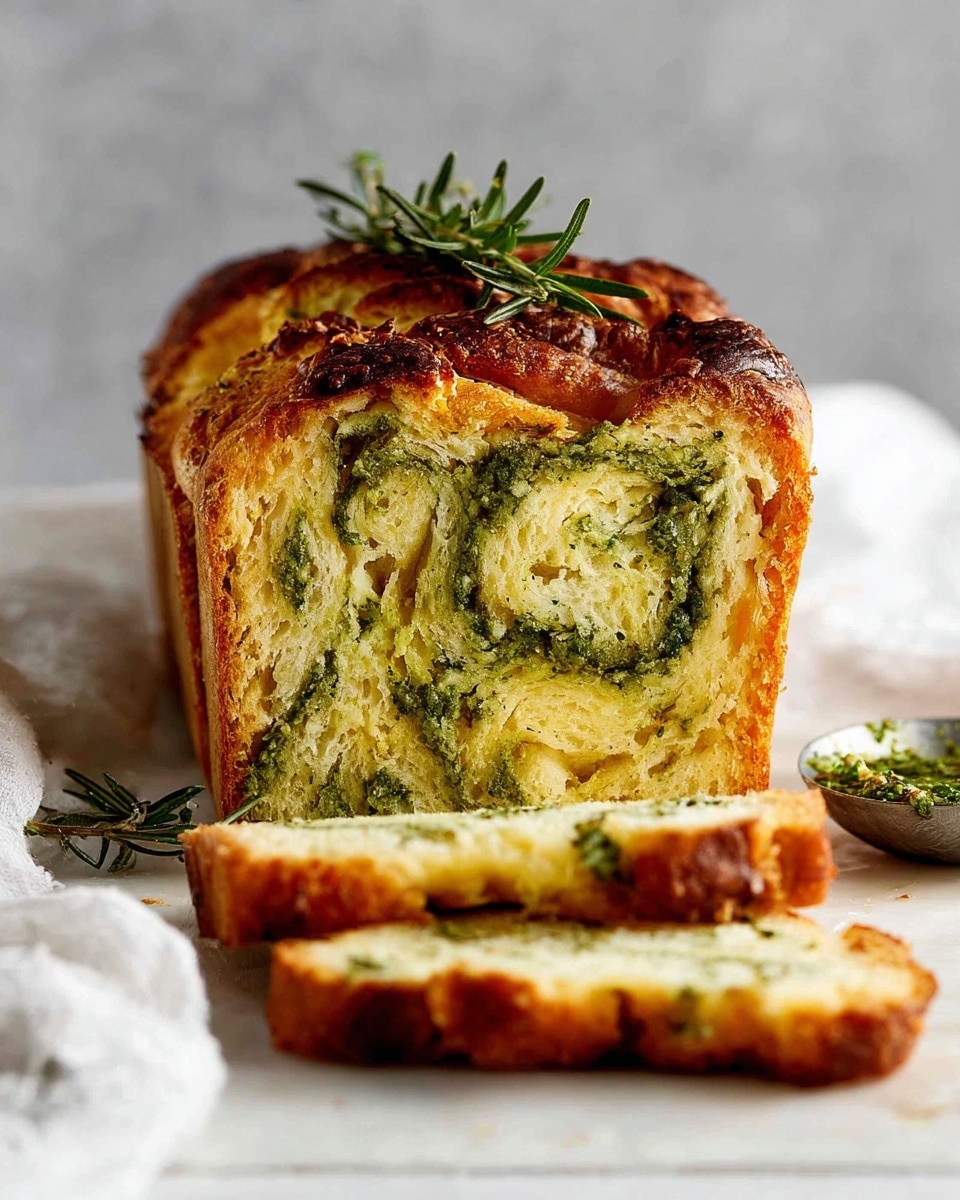 A loaf of bread with a golden brown crust sits upright on a white marbled surface. The bread is sliced, showing inside layers of soft, light yellow dough with thick, uneven swirls of green herb filling throughout. The crust has a slightly crispy texture with some browned spots on top. A small sprig of fresh rosemary lies on top of the loaf, adding a touch of green. In the foreground, a white cloth is slightly out of focus, with a small spoon containing green herb sauce resting beside the bread. Photo taken with an iphone --ar 4:5 --v 7