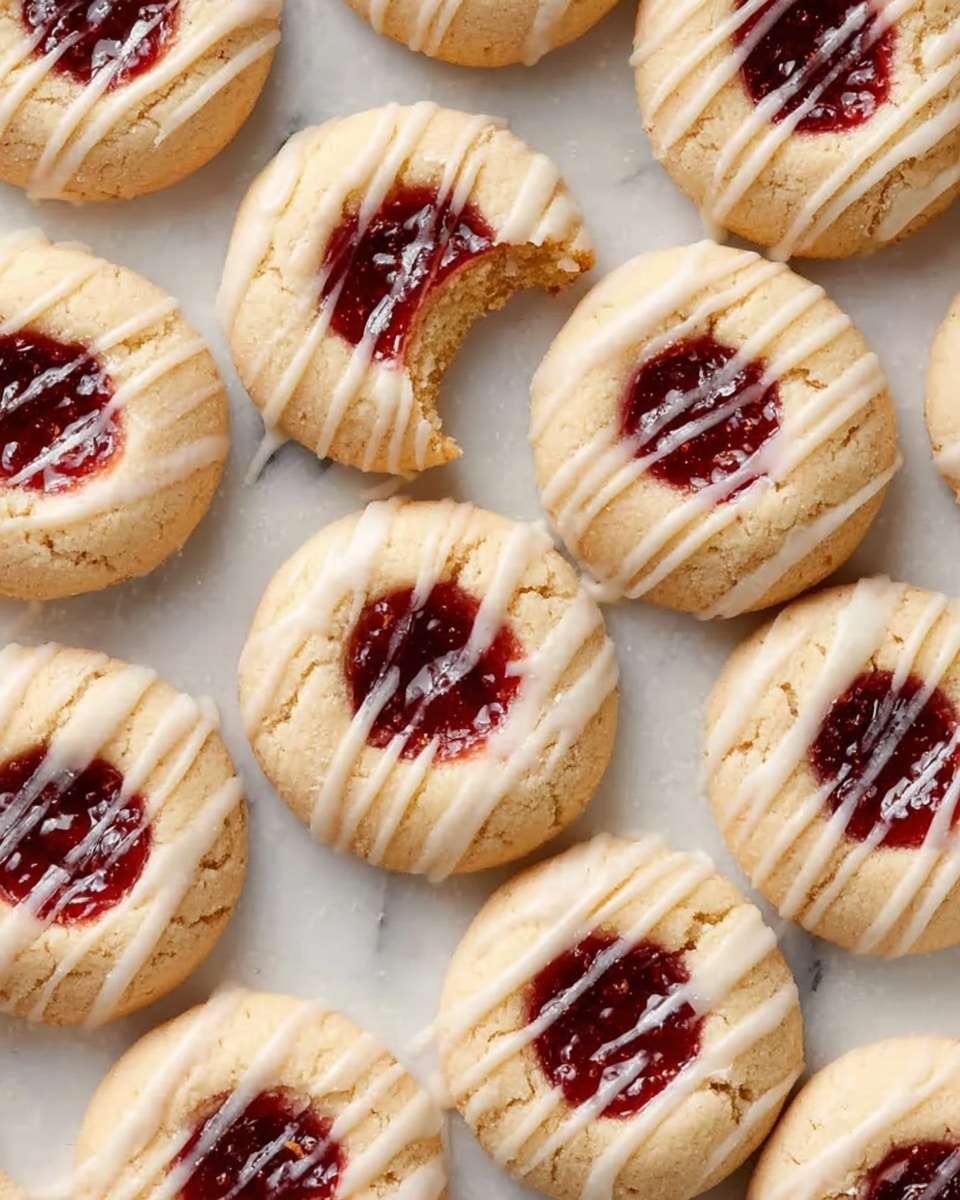 The image shows many round thumbprint cookies with a light golden color, each with a red jam center. The soft dough is smooth and slightly cracked around the edges. A white drizzle is lightly spread diagonally over every cookie. One cookie near the middle has a bite taken out, showing the soft texture inside. All cookies are arranged neatly on a white marbled surface, creating a clean and bright background. photo taken with an iphone --ar 4:5 --v 7