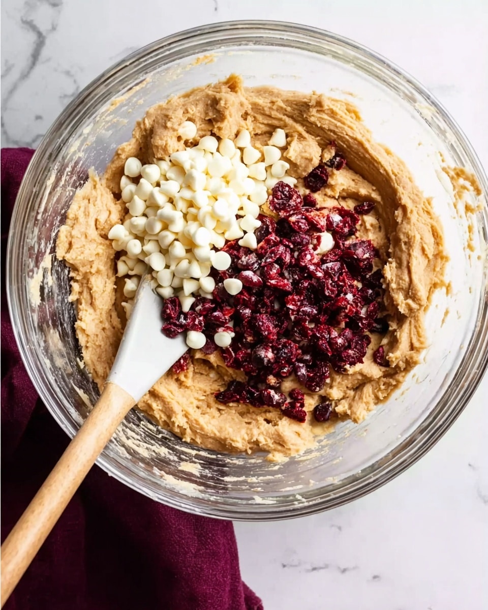 A clear glass bowl sits on a white marbled surface, filled with a thick, light brown dough mixture. On top of the dough, there is a small pile of bright white chips and a larger heap of deep red dried berries, both close to the center. A white spatula with a wooden handle rests inside the bowl, its blade inserted into the dough at the side. A folded dark purple cloth is positioned near the bottom left corner of the image. Photo taken with an iphone --ar 4:5 --v 7
