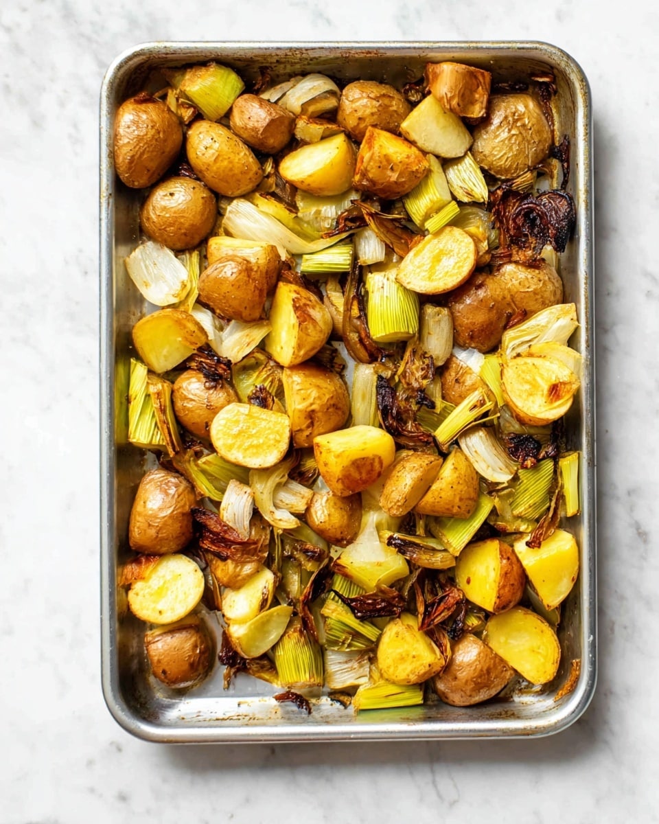 The image shows a metal baking tray filled with roasted vegetables. The tray holds several pieces of golden to light brown potato chunks, each with a slightly crispy, browned skin, spread evenly across the tray. Mixed with the potatoes are sections of leek, cut into rounds, showing a vibrant yellow-green color with caramelized edges. There are also some charred pieces of onion, adding a deeper brown shade to the mix. The vegetables rest on a white marbled surface, creating a clean and natural background. The photo taken with an iphone --ar 4:5 --v 7