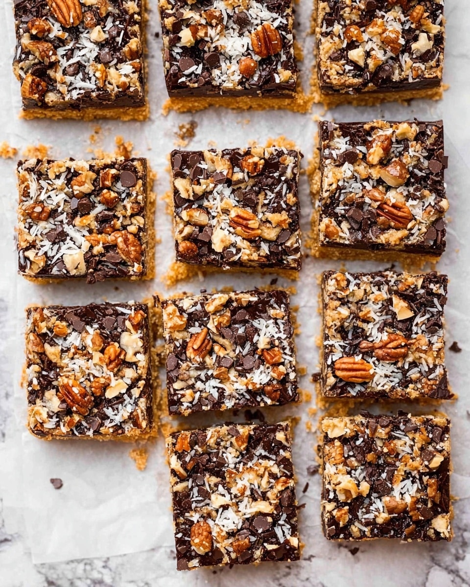 The image shows nine square dessert bars arranged on white parchment paper over a white marbled surface. Each bar has two main layers: a thick, golden-brown base layer with a crumbly texture and a top layer densely covered with dark chocolate chunks, shredded white coconut, and chopped pecans in various shades of brown. The top layer looks textured and slightly rough, with ingredients evenly spread but not perfectly uniform. The bars are neatly cut but slightly irregular at the edges, and the lighting highlights the rich textures and contrast between the dark chocolate, white coconut, and nuts. Photo taken with an iphone --ar 4:5 --v 7