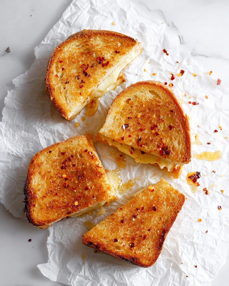 The image shows a toasted sandwich that is cut into four pieces placed on a piece of crumpled white paper on a white marbled surface. Each piece has a golden-brown crust with specks of red chili flakes and a light drizzle of honey on top. Some melted white cheese is visible inside the sandwich, slightly oozing from the sides. Small crumbs and scattered red chili flakes surround the sandwich pieces, adding texture to the scene. The lighting highlights the crispy texture and warm color of the toast. photo taken with an iphone --ar 4:5 --v 7