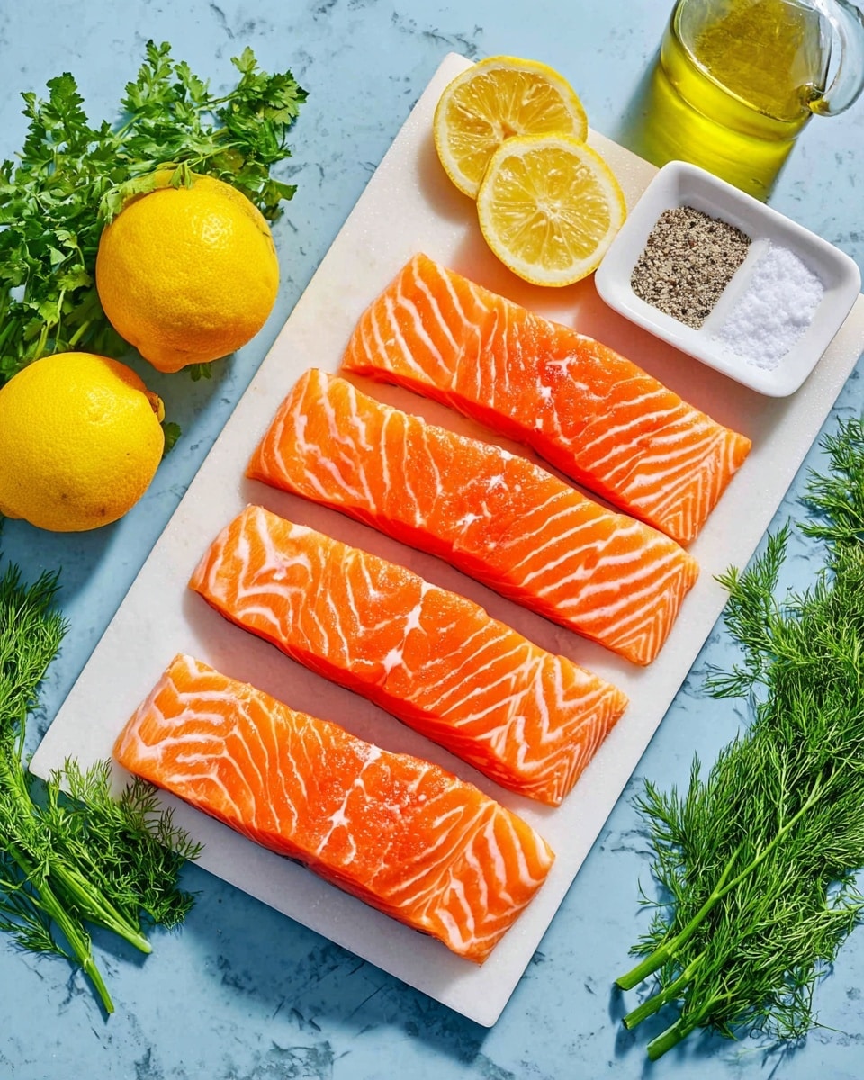 Four raw salmon fillets are laid side by side on a white rectangular cutting board, showing bright orange flesh with white lines creating a striped pattern across each piece. At the top right corner of the board, there is a small white dish divided into two sections filled with salt and pepper. Two yellow lemons sit to the left side of the board, with some fresh green parsley near the lemons and sprigs of dill placed to the right beside the board. In the upper right corner next to the board, there is a glass bottle filled with olive oil. The whole scene is set on a white marbled surface that contrasts with the colors of the food. photo taken with an iphone --ar 4:5 --v 7